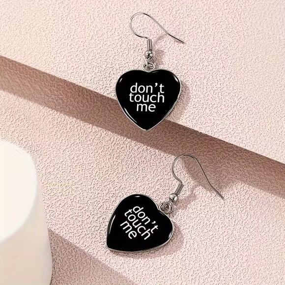 Goth Emo Anti Social Black Heart Don't Touch Me Earrings - Picture 2 of 4